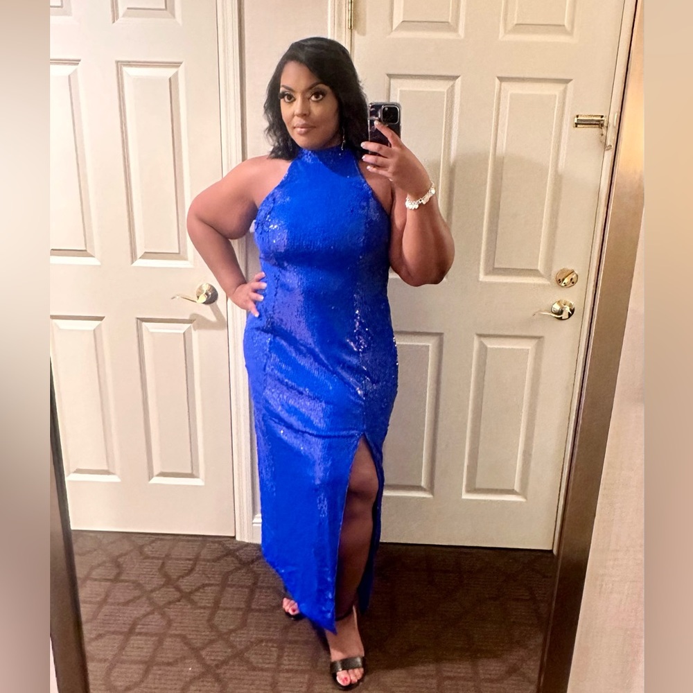 Blue Halter Sequin Full Length Dress